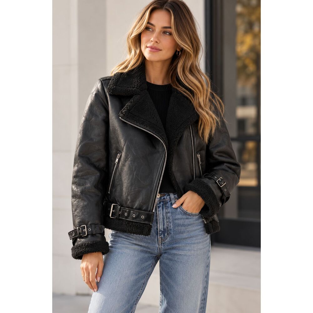 NWT Princess Polly Black Faux Leather Shearling Moto Jacket Women’s XS/S